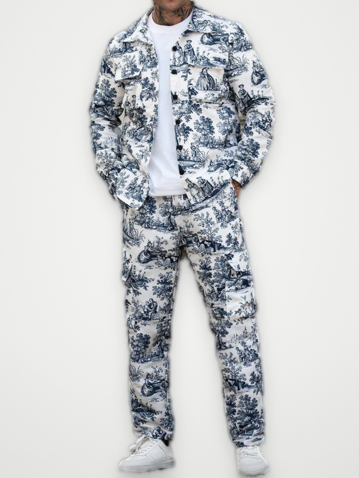 Toile Print Jacket and Pants Set Blue White - Vintage Pattern Two Piece | Obsyde