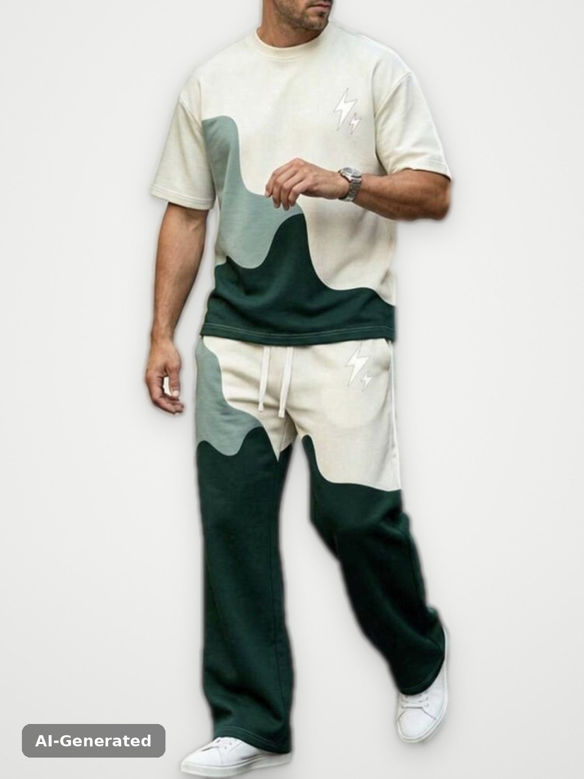 Wave Colour Block Tee and Pants Set Green Cream - Two Piece | Obsyde