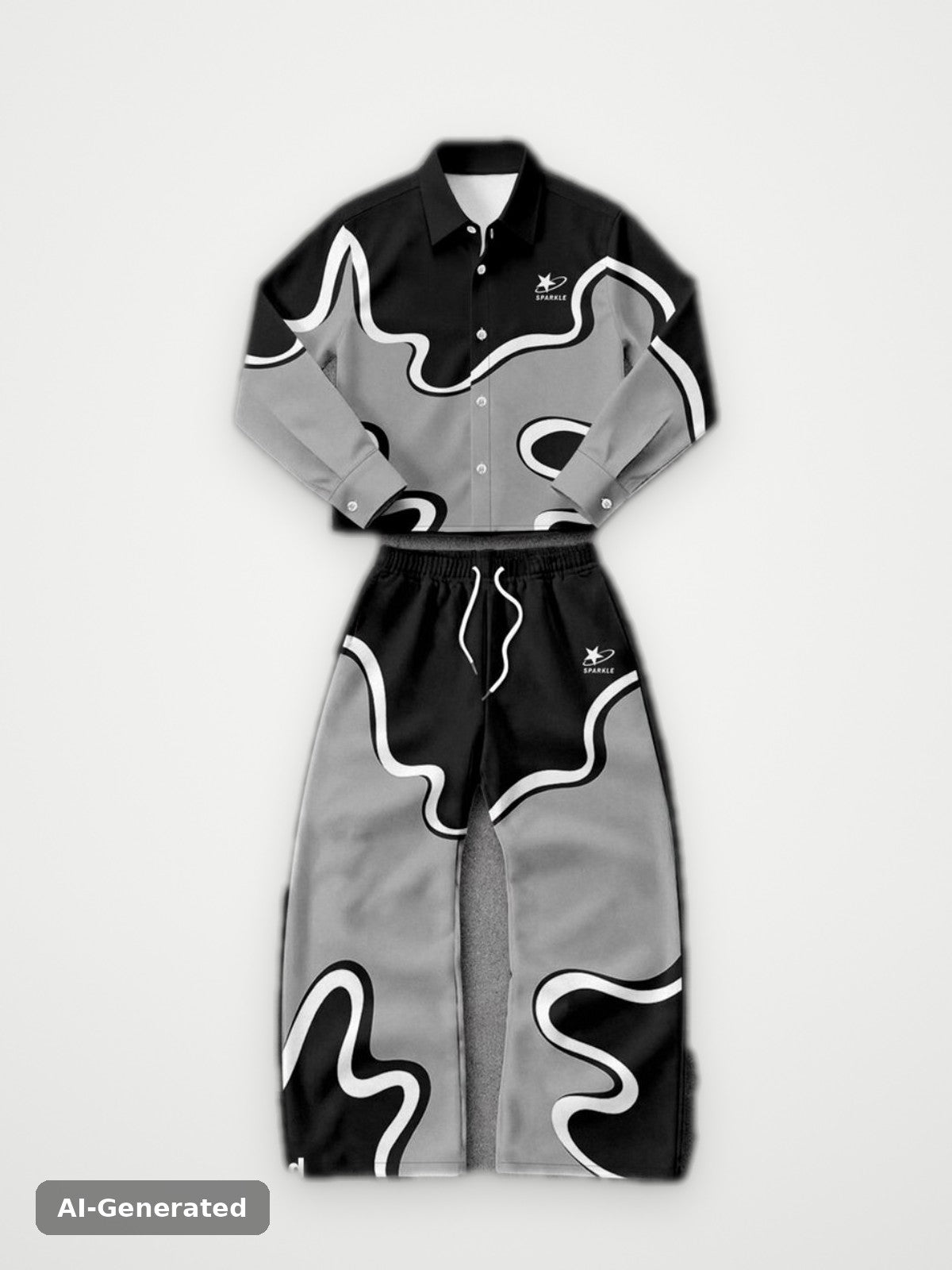 Wave Pattern Shirt and Pants Set Black Grey - Two Piece Streetwear Set | Obsyde