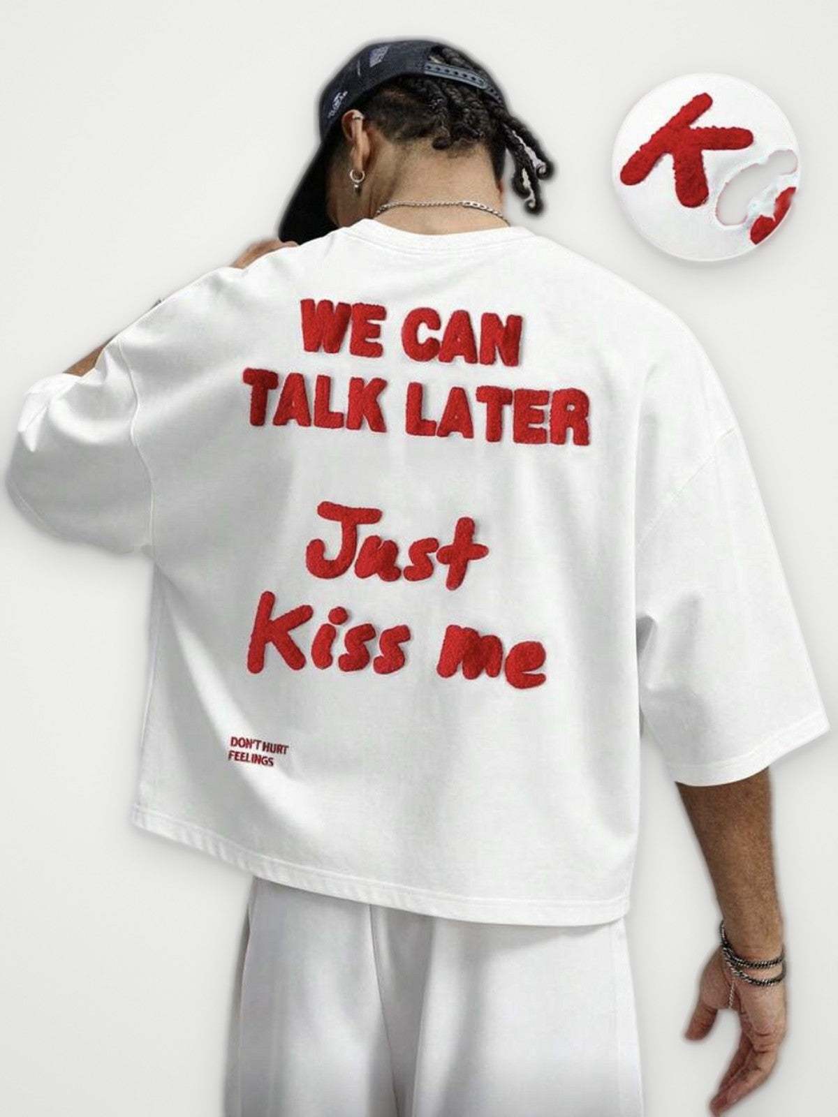 We Can Talk Later Just Kiss Me T-Shirt White - Red Script Embroidery | Obsyde
