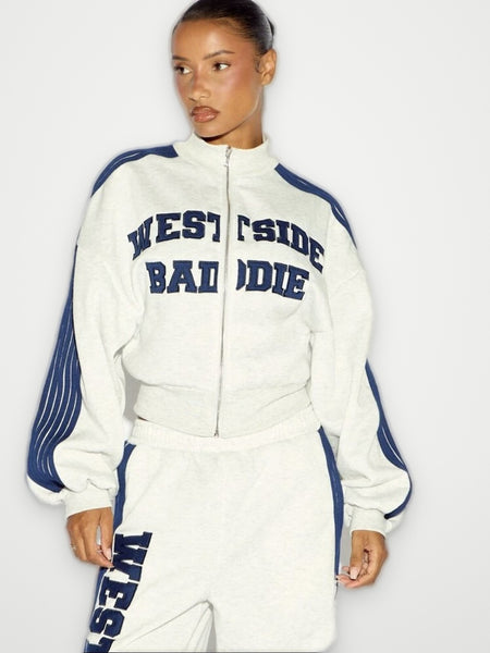 Westside Baddie Zip Jacket and Joggers Set White Navy - Varsity Tracksuit