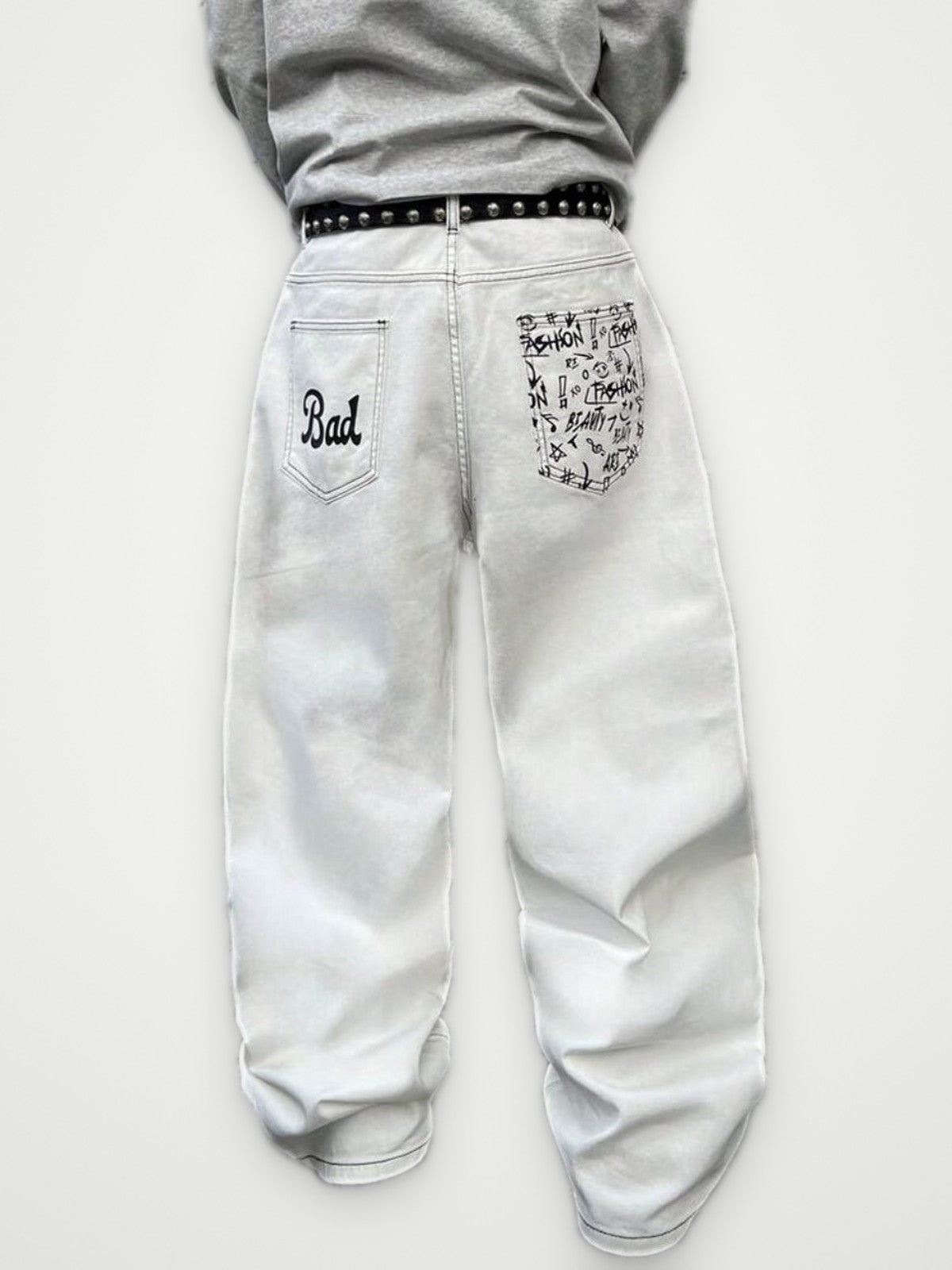 White Baggy Jeans - Bandana Print Pocket Wide Leg Denim | Obsyde