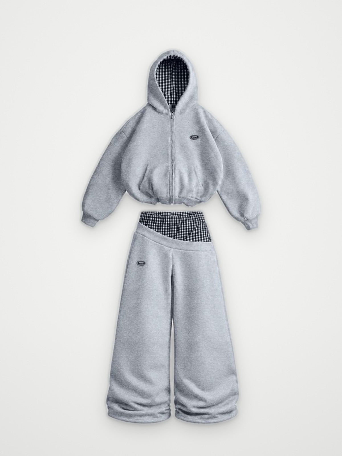 Zip Hoodie and Joggers Set Grey - Gingham Lining Baggy Tracksuit | Obsyde